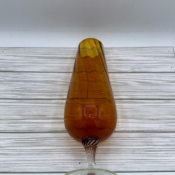 Vintage Italian Empoli Amber Glass Ribbed Swirl Vase on Twisted Glass Stem 11” - Picture 2 of 8